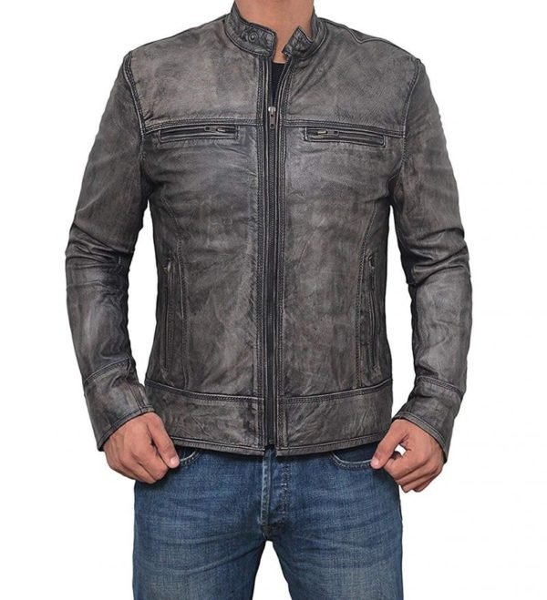 Garcia Distressed Dark Grey Casual Biker Slim Leather Jacket