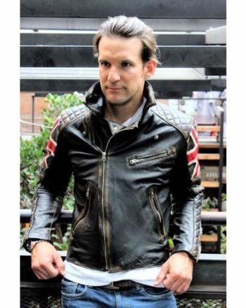 Vintage Mens Black Union Jack UK FLAG Cafe Racer Motorcycle Biker Leather Jacket